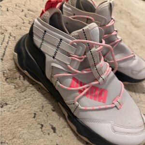 Puma White and Neon Pink High-Top Sneakers